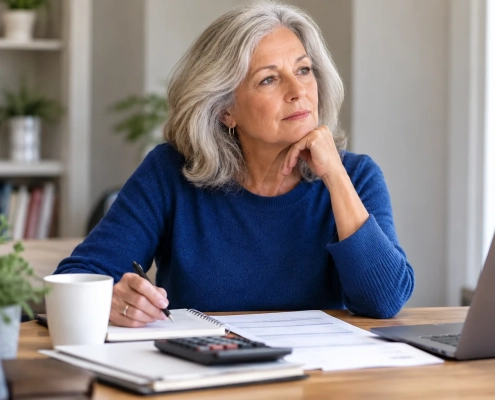 Older woman reviewing retirement paperwork at home while considering monthly pension and lump-sum options.